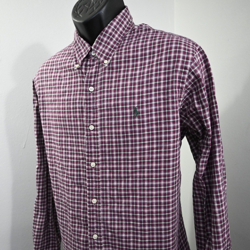 Ralph Lauren Button Up‎ Mens XL Slim Fit Maroon Plaid Long Sleeve Pony Logo